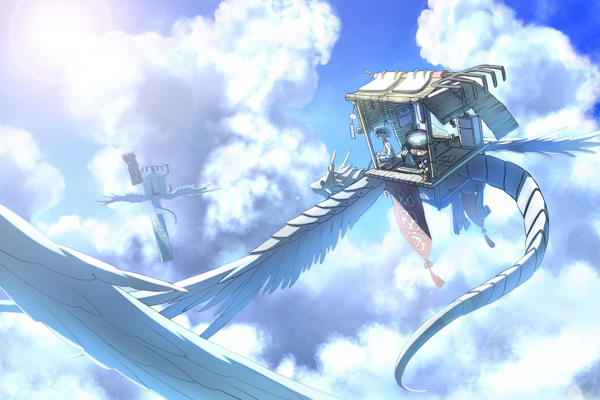 animal black_hair blue_sky book calendar_(object) child cloud curtains dragon duo flying hat long_hair lying on_back open_book original plant potted_plant refrigerator scenery shijuu_hachi short_hair sitting sky table television text twintails wind_chime