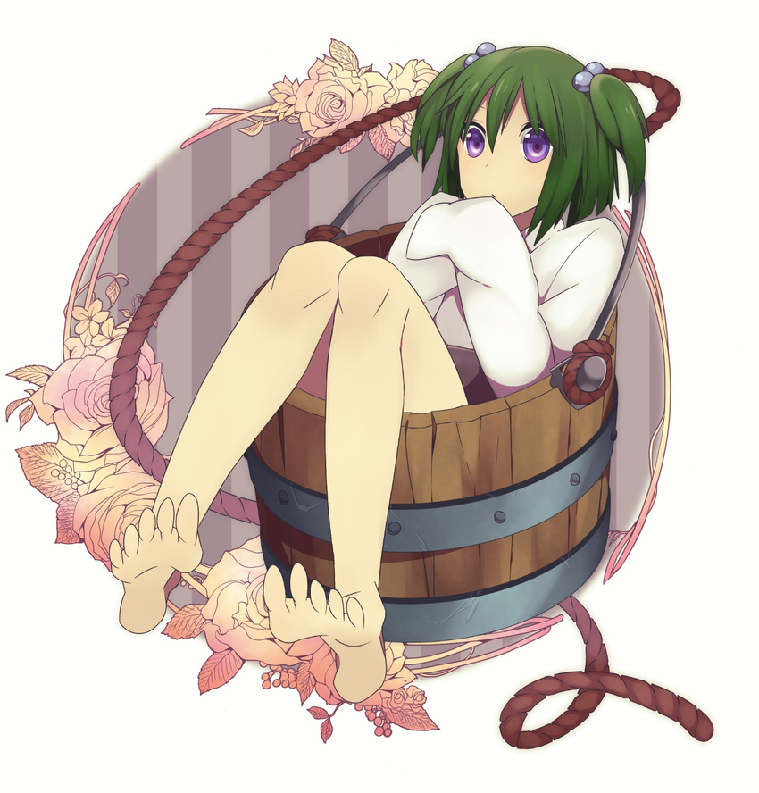 bad_feet barefoot bucket flower green_hair hair_bobbles hair_ornament highres in_bucket in_container japanese_clothes kimono kisume misyagu purple_eyes rope rose sitting solo touhou twintails wooden_bucket yukata