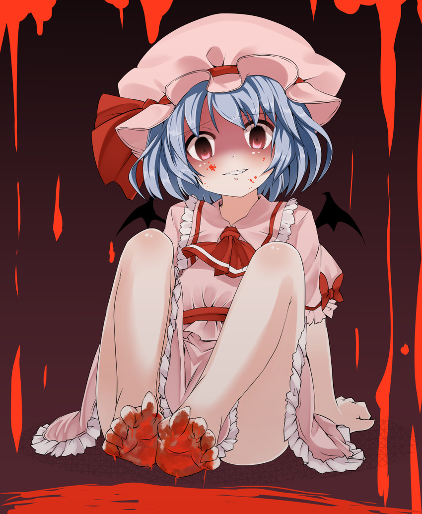 ascot barefoot bat_wings blood blood_on_face blood_splatter bloody_feet blue_hair crazy_eyes crazy_smile feet hat hat_ribbon highres looking_at_viewer noa_(nagareboshi) pink_hair pink_skirt puffy_sleeves remilia_scarlet ribbon shaded_face short_sleeves sitting skirt solo toes touhou wings