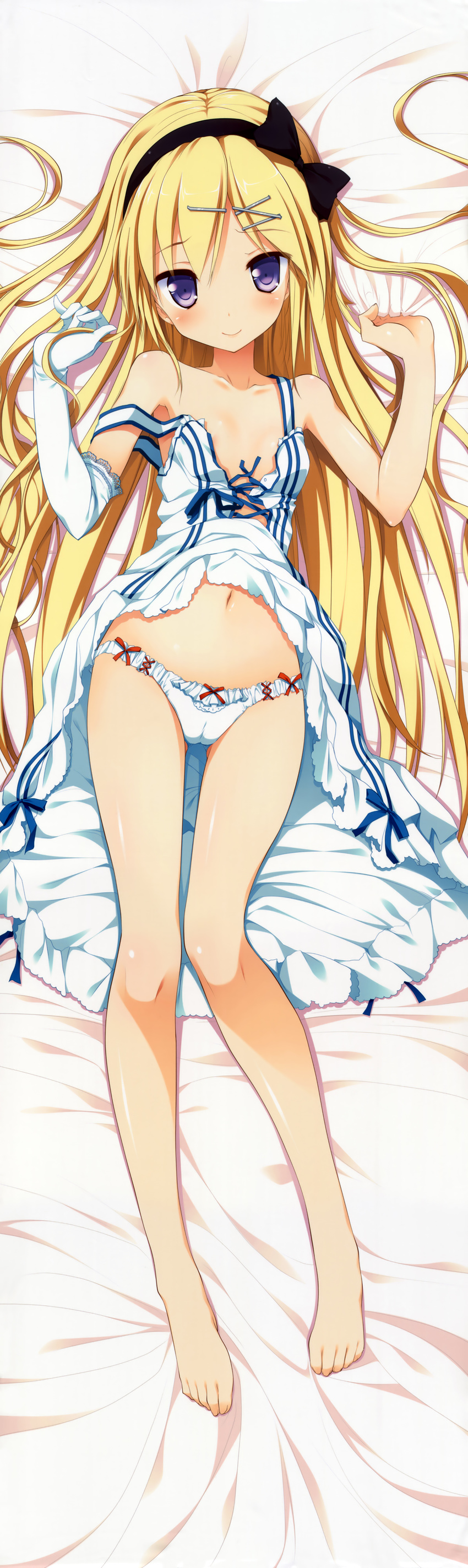 absurdres amamoto_louis bare_legs bare_shoulders barefoot bed_sheet blonde_hair bow bow_panties breasts cameltoe collarbone dakimakura dress dress_lift elbow_gloves full_body gloves hair_ornament hairband hairclip highres long_hair looking_at_viewer lying naka_no_hito_nado_inai! navel nimura_yuuji panties purple_eyes sheet_grab single_elbow_glove small_breasts smile solo strap_slip sundress underwear very_long_hair white_dress white_gloves white_panties