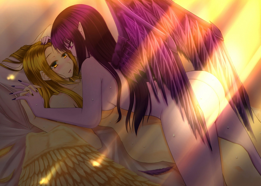 angel ass bad_id bad_pixiv_id blonde_hair blush breasts eye_contact fingernails girl_on_top hand_on_head holding_hands incest interlocked_fingers kayle league_of_legends light_rays long_hair looking_at_another lying medium_breasts morgana multiple_girls nude oldlim on_back on_bed pointy_ears purple_eyes purple_hair siblings sisters sunbeam sunlight sweat thigh_straddling wings yellow_eyes yuri