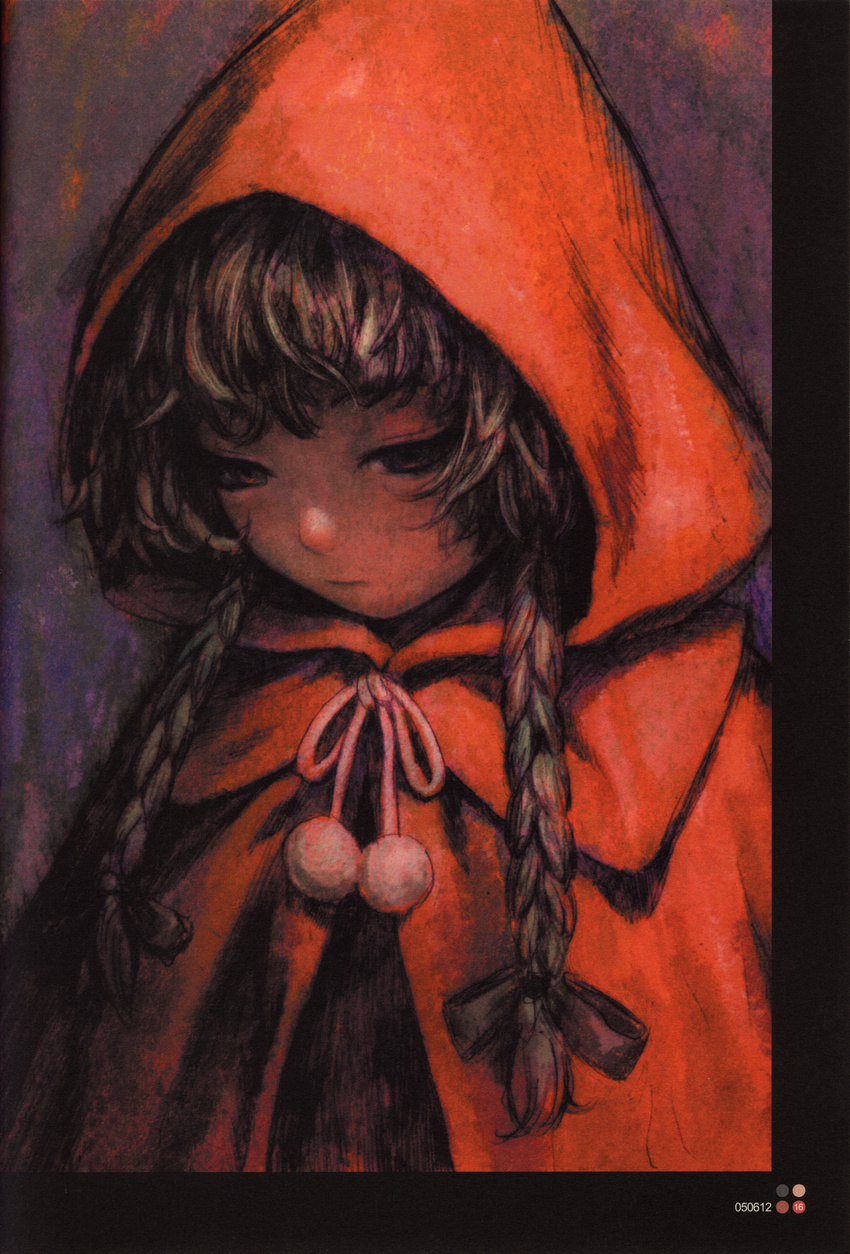 absurdres braid brown_eyes brown_hair cloak grimm's_fairy_tales highres hood hooded_cloak little_red_riding_hood little_red_riding_hood_(grimm) looking_down murata_renji portrait red scan solo twin_braids upper_body