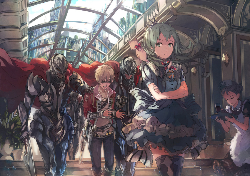 3boys animal armor black_hair bow brown_hair cat closed_eyes green_eyes green_hair holding holding_sword holding_weapon long_hair looking_at_viewer maid multiple_boys multiple_girls ooi_choon_liang open_mouth original red_bow short_hair sword weapon