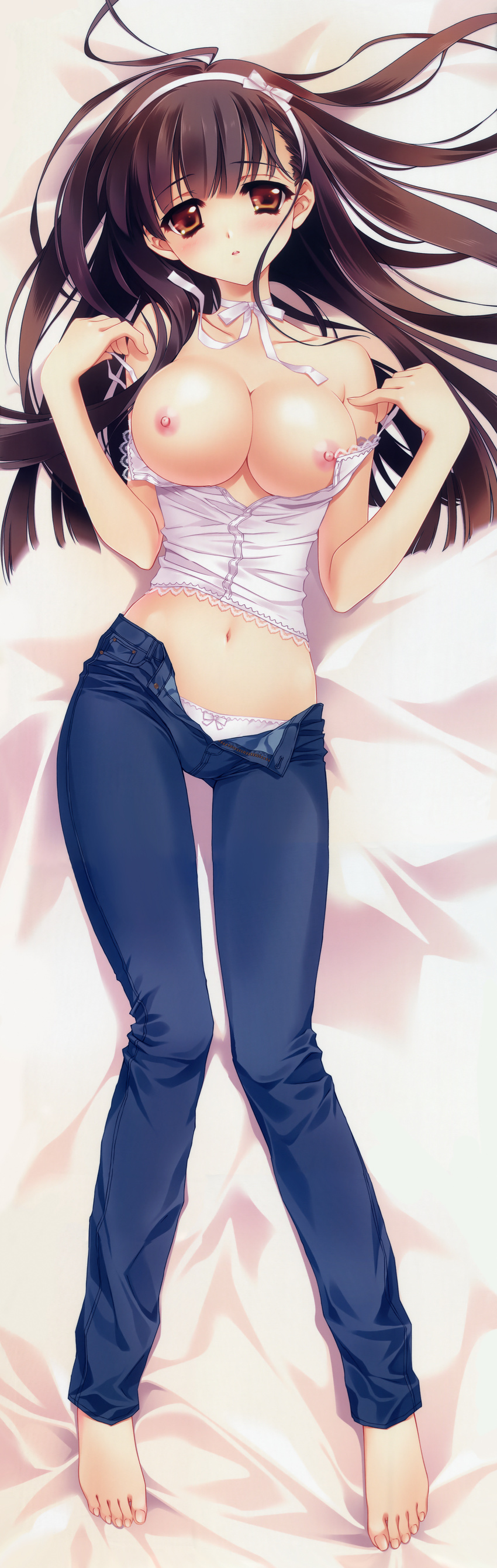 absurdres barefoot blush bow bow_panties breasts brown_hair carnelian dakimakura denim full_body hairband highres huge_filesize jeans long_hair looking_at_viewer lying medium_breasts navel nipples off_shoulder open_clothes open_shirt original panties pants ribbon sample shirt solo unbuttoned underwear undressing unzipped white_panties yellow_eyes