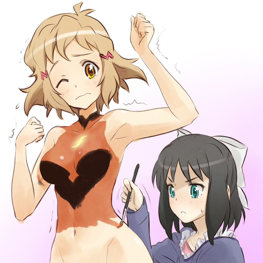 :&lt; arm arm_up armpits arms black_hair blush bodypaint bow breasts brown_hair closed_mouth flying_sweatdrops focused gradient gradient_background green_eyes groin hair_bow hair_ornament hair_ribbon hairclip highres kohinata_miku light_brown_hair medium_breasts multiple_girls naked_paint navel nude one_eye_closed paintbrush painted_clothes painting pink_background ribbon senki_zesshou_symphogear serious shirt short_hair simple_background tachibana_hibiki_(symphogear) trembling unyon v-shaped_eyebrows wavy_mouth wince yellow_eyes yuri