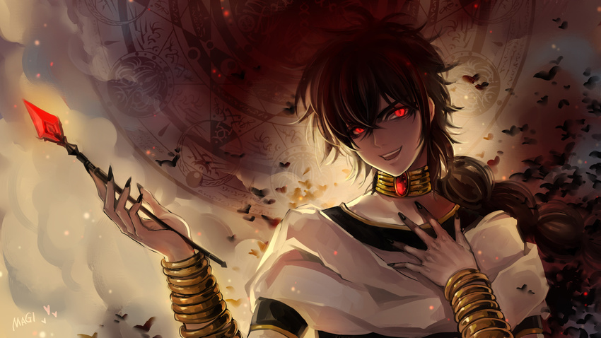 black_hair blue_hair braid fingernails glowing glowing_eyes hand_on_own_chest highres huazha01 jewelry judal long_fingernails long_hair looking_at_viewer magi_the_labyrinth_of_magic magic_circle male_focus neck_ring open_mouth red_eyes single_braid smile solo wand