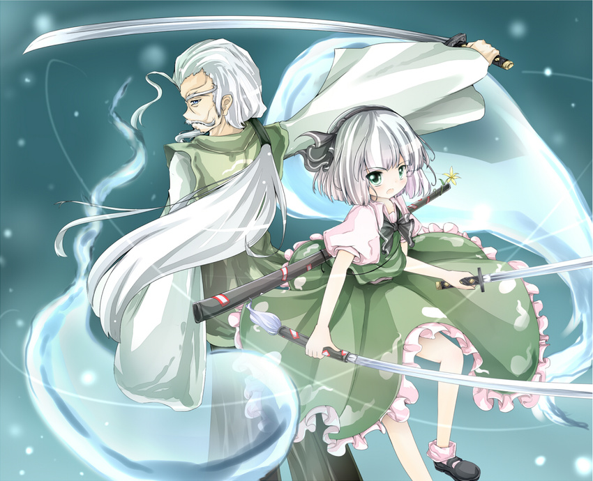 1girl ankle_socks blue_background bow facial_hair flower from_behind goatee green_eyes hair_ribbon katana knee_up kodachi konpaku_youki konpaku_youki_(ghost) konpaku_youmu konpaku_youmu_(ghost) light_particles light_trail looking_at_viewer looking_back mary_janes mustache nano_(mianhua_maoqiu) open_mouth outstretched_arm ponytail puffy_short_sleeves puffy_sleeves ribbon samurai scabbard sheath shoes short_hair short_sleeves short_sword silver_hair skirt skirt_set sword touhou unsheathed weapon