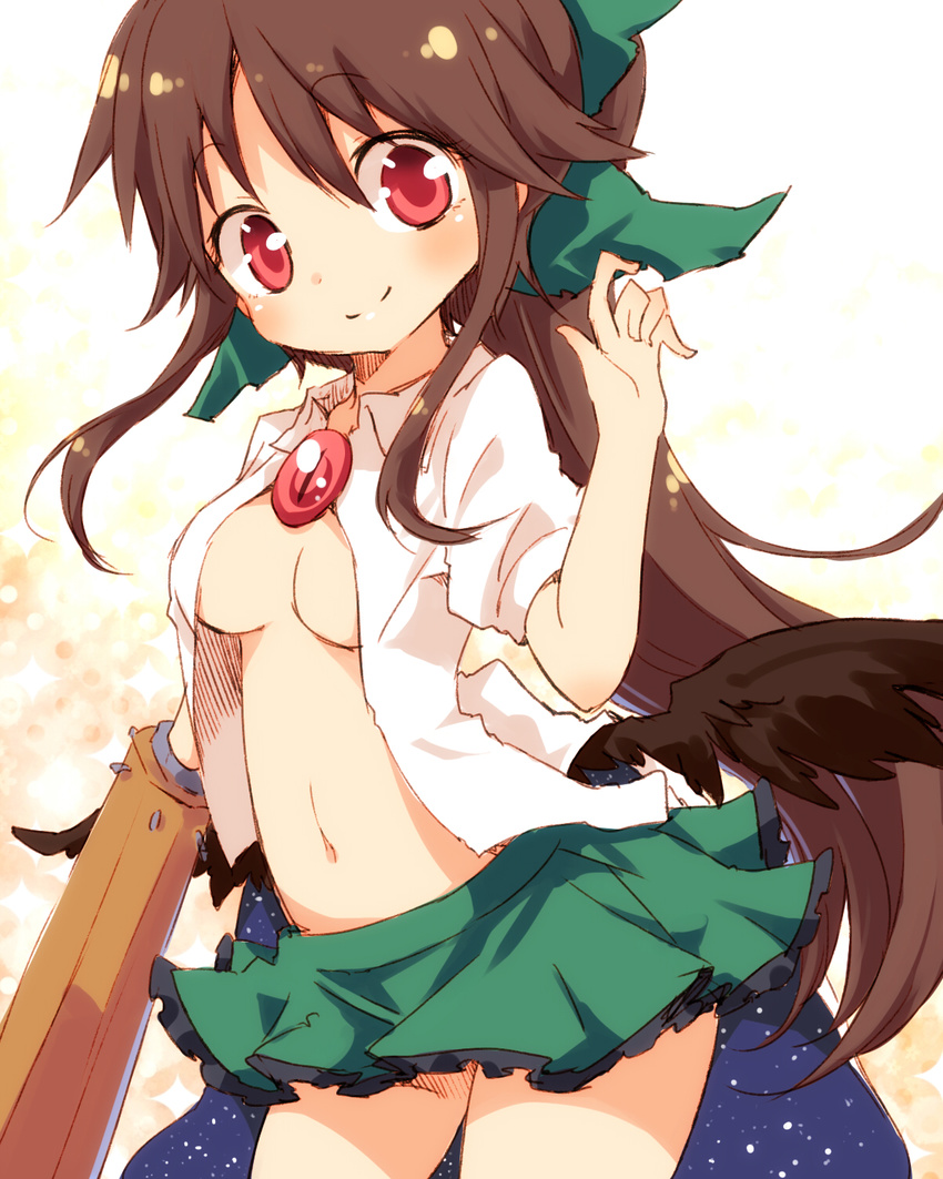 arm_cannon ayakashi_(monkeypanch) blush bow breasts hair_bow highres long_hair looking_at_viewer medium_breasts navel no_bra open_clothes open_shirt red_eyes reiuji_utsuho shirt skirt smile solo touhou weapon wings