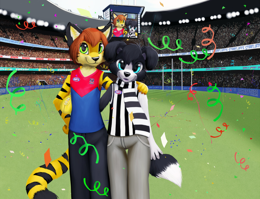 anthro blue_eyes body_markings buckley canine clothing cute dog feline football fur hair jamesfoxbr looking_at_viewer male mammal markings open_mouth saba scarf screen smile sport stadium stripes teeth text tiger tongue