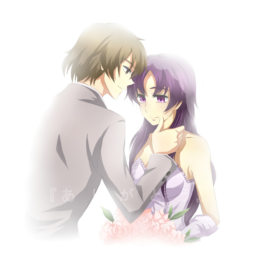 1boy 1girl absurdres bare_shoulders bloom bouquet brown_eyes brown_hair couple dress elbow_gloves flower formal gloves hand_on_another's_face highres long_hair married mirai_nikki nishijima_masumi purple_eyes purple_hair simple_background smile suit uryuu_minene veil wedding_dress white_background