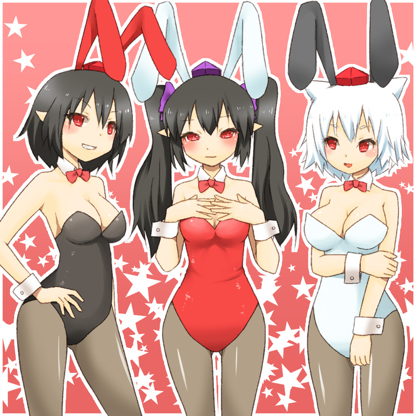 aki_akane animal_ears black_hair black_leotard bow bowtie breasts brown_legwear bunny_ears bunnysuit cleavage colorized detached_collar fake_animal_ears hat highres himekaidou_hatate inubashiri_momiji leotard long_hair medium_breasts mizuki_eiru_(akagi_kurage) multiple_girls open_mouth pantyhose pink_background pointy_ears red_eyes red_leotard shameimaru_aya short_hair silver_hair smile star tokin_hat touhou twintails white_leotard wolf_ears wrist_cuffs