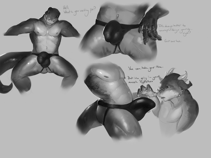 biceps big_muscles bulge claws darkgem detailed dialog dragon english_text erection gay greyscale grin horn jockstrap lizard male monochrome muscles nipples open_mouth pecs penis pose reptile scales scalie side_view sitting teeth text thick_tail topless underwear vpl