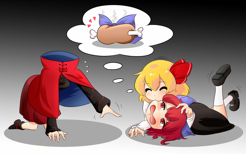 biting blonde_hair bone cape duplicate food hair_ribbon headless highres lying meat multiple_girls on_stomach red_eyes red_hair ribbon rumia searching sekibanki short_hair simple_background tears thought_bubble touhou wool_(miwol)