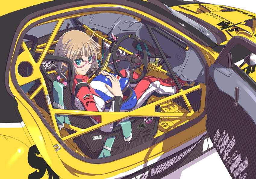 ahoge aqua_eyes blonde_hair car carbon_fiber glasses ground_vehicle harness helmet highres light_smile long_sleeves looking_at_viewer low_twintails mazda_rx-7 motor_vehicle nenchi original racecar racing_suit right-hand_drive rollcage sitting solo twintails vehicle_interior white_background
