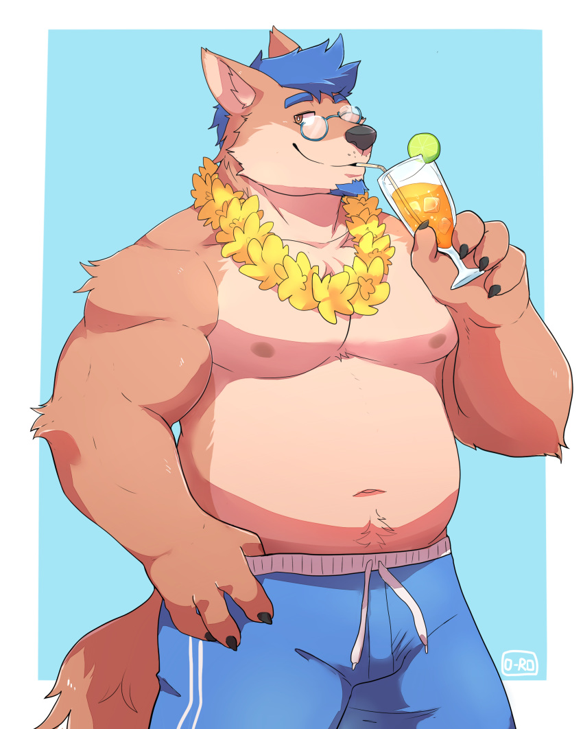 2017 4_fingers anthro blue_background blue_hair brown_eyes brown_fur bubba_wolfuzz canine clothed clothing drinking eyewear front_view fur glass glasses hair hi_res looking_at_viewer male mammal musclegut navel nipples o-ro one_eye_closed shorts simple_background smile solo standing straw topless