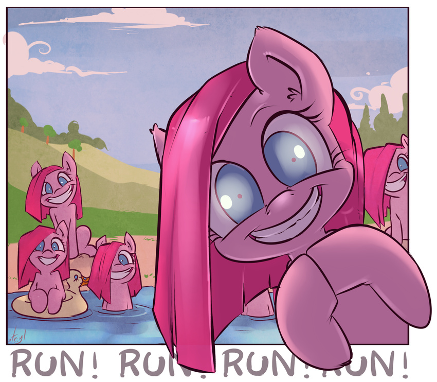 atryl blue_eyes breaking_the_fourth_wall creepy english_text equine female feral flotation_device friendship_is_magic fur group hair horse looking_at_viewer mammal my_little_pony pink_fur pink_hair pinkamena_(mlp) pinkie_pie_(mlp) pony smile text too_many_pinkie_pies water