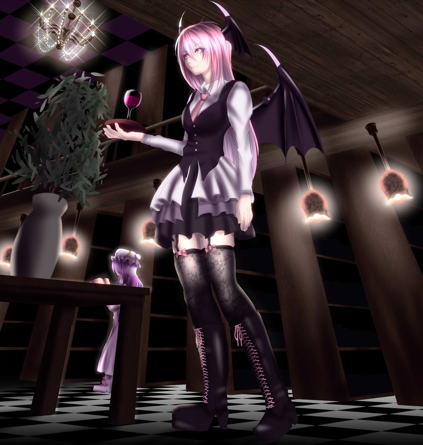 adapted_costume alternate_hair_color bad_id bad_pixiv_id bat_wings book bookshelf boots bow ceiling chandelier checkered checkered_floor crescent cross-laced_footwear floral_print garter_straps glass hat head_wings knee_boots koakuma layered_skirt light long_hair long_sleeves looking_away mob_cap multiple_girls necktie patchouli_knowledge pink_hair plant platform_footwear purple_hair railing reading red_eyes table thighhighs touhou tray vase vest wings yusuke_(shiota)