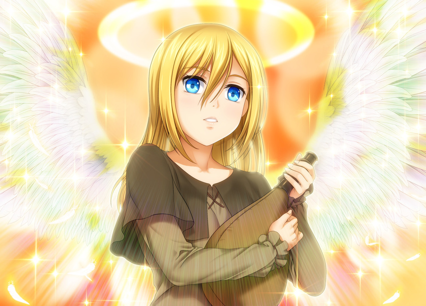blonde_hair blue_eyes blush christa_renz halo highres mutsuki_(moonknives) open_mouth parted_lips pouch shingeki_no_kyojin short_hair solo wings