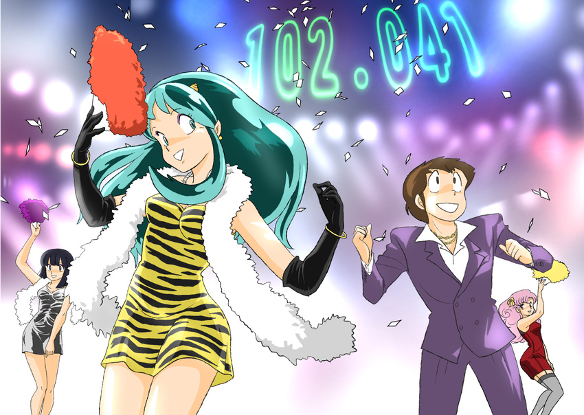 3girls animal_print brown_hair confetti dress elbow_gloves eyeshadow fan gloves green_eyes green_hair horns lum makeup miyake_shinobu moroboshi_ataru multiple_girls pink_hair ran_(urusei_yatsura) short_dress thighhighs tiger_print uesuto_(westriver) urusei_yatsura