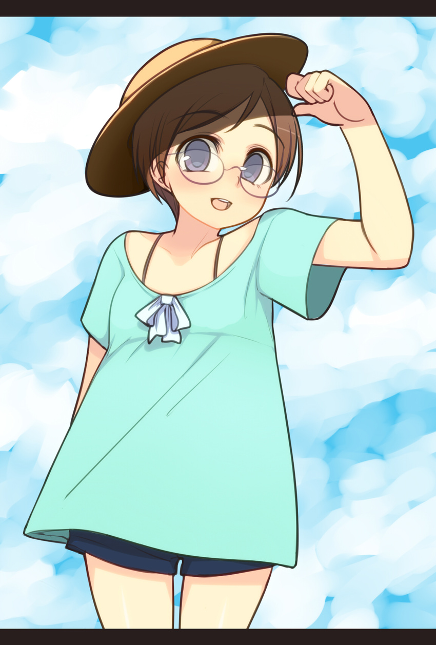 blue_eyes brown_hair glasses hat highres original oza_watto short_hair shorts sky smile solo