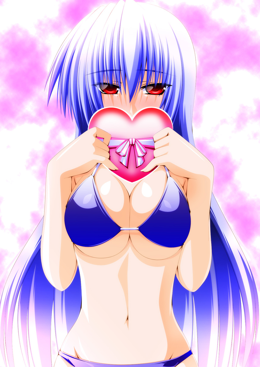 bikini blue_hair breasts cleavage engo_(aquawatery) heart highres kamishirasawa_keine large_breasts long_hair midriff red_eyes ribbon solo swimsuit touhou valentine very_long_hair