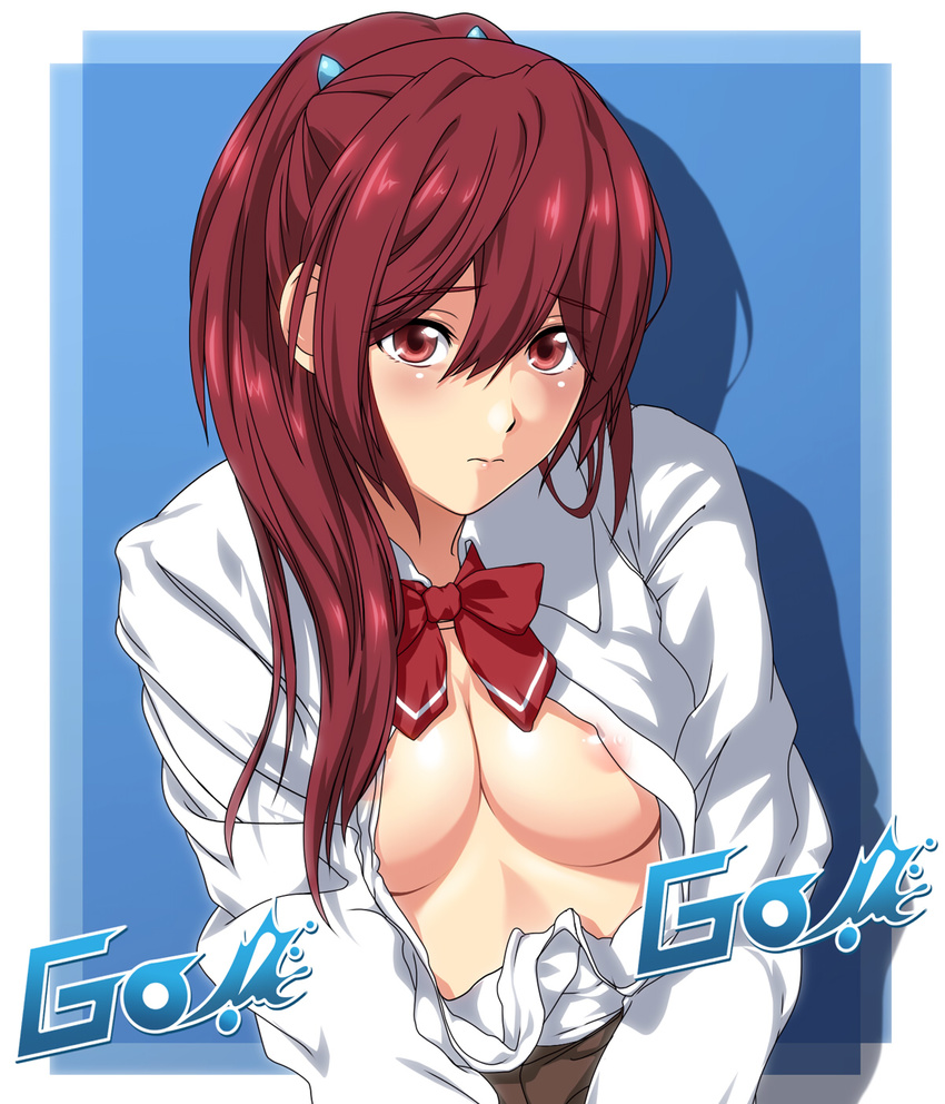 areola_slip areolae bow breasts doriri free! hair_ornament hairpin highres matsuoka_gou medium_breasts nipples open_clothes open_shirt ponytail red_eyes red_hair shirt solo