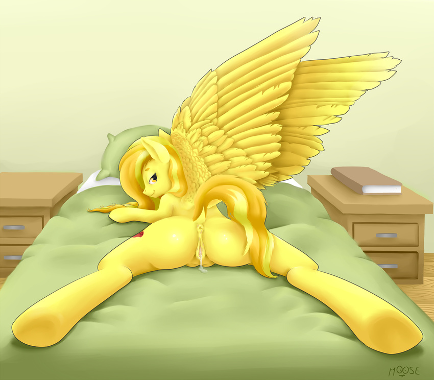 anus bed cutie_mark cynicalmoose equine female fur hair looking_at_viewer looking_back lying mammal my_little_pony on_front original_character pegasus presenting pussy pussy_juice solo spread_legs spreading two_tone_hair wings yellow_fur