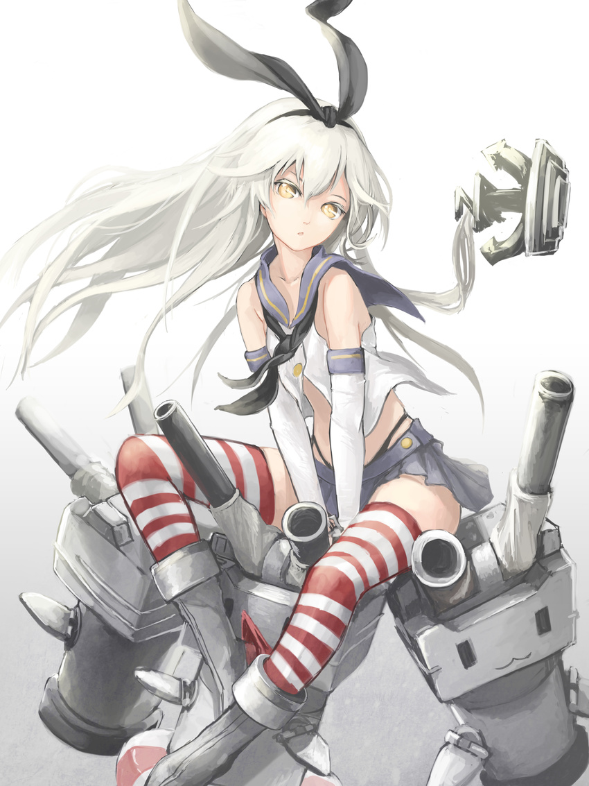 :3 absurdres akira0171 anchor anchor_hair_ornament bare_shoulders black_panties blonde_hair brown_eyes elbow_gloves gloves hair_ornament highres kantai_collection long_hair looking_at_viewer navel open_mouth panties rensouhou-chan sailor_collar shimakaze_(kantai_collection) sitting skirt solo striped striped_legwear thighhighs underwear white_gloves