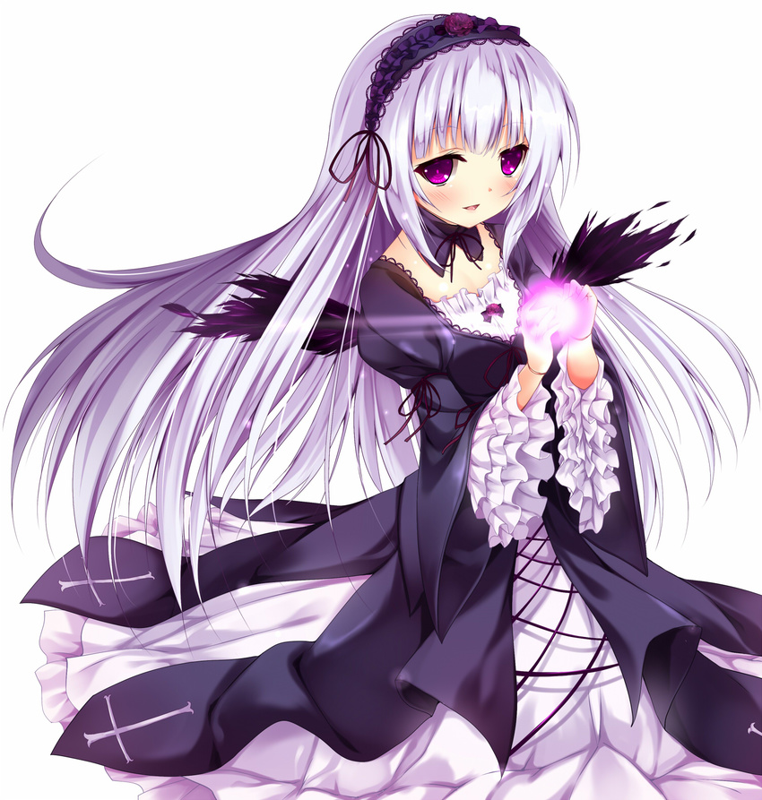 black_dress doll_joints dress hairband highres layered_dress lolita_fashion lolita_hairband long_hair long_sleeves nironiro open_mouth purple_eyes rozen_maiden silver_hair smile solo suigintou very_long_hair white_dress wide_sleeves