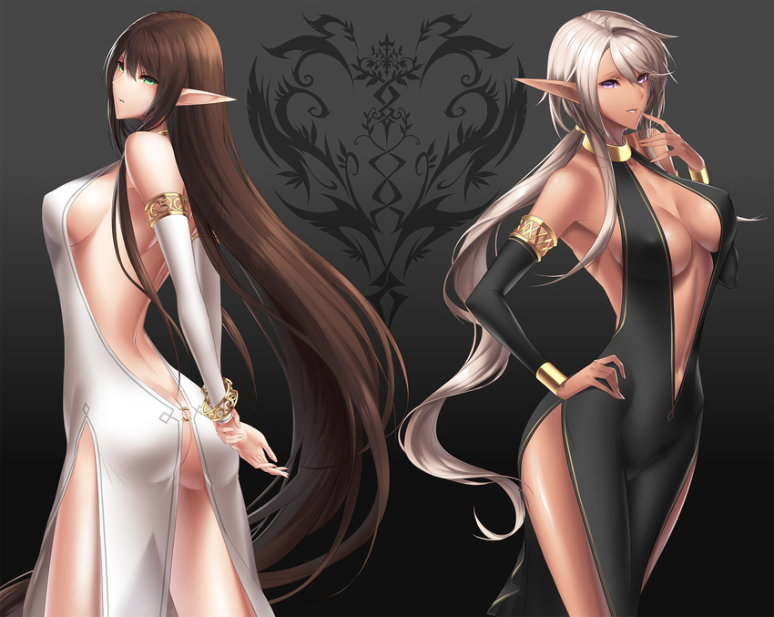 ass back backless_outfit bad_id bad_pixiv_id bracelet breasts brown_hair butt_crack center_opening cleavage contrast dress elf green_eyes grey_hair halterneck highres jewelry large_breasts long_hair long_pointy_ears multiple_girls no_panties pixiv_fantasia pixiv_fantasia_sword_regalia pointy_ears purple_eyes revealing_clothes sideboob sigm@ smile very_long_hair