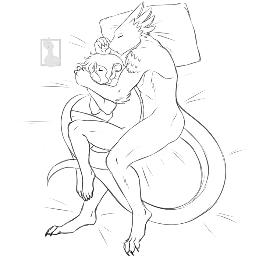 anthro bed butt claws cuddling curled cute drayk drayk_dagger duo eyes_closed fetal_position girly hair heating_rock interspecies long_hair lying male mammal monochrome muscles mustelid nateday nude otter pillow plain_background scalie scott_(character) shurian size_difference sketch sleeping watermark white_background