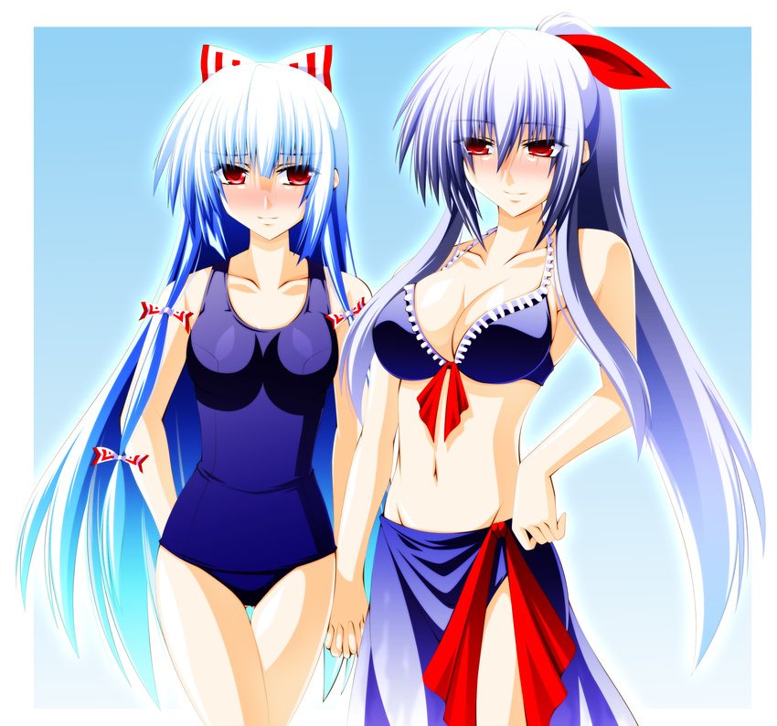 bikini blue_hair blue_sarong blush bow breasts cleavage engo_(aquawatery) fujiwara_no_mokou hair_bow hair_ribbon highres holding_hands kamishirasawa_keine large_breasts long_hair midriff multiple_girls one-piece_swimsuit ponytail red_eyes ribbon sarong smile swimsuit touhou very_long_hair