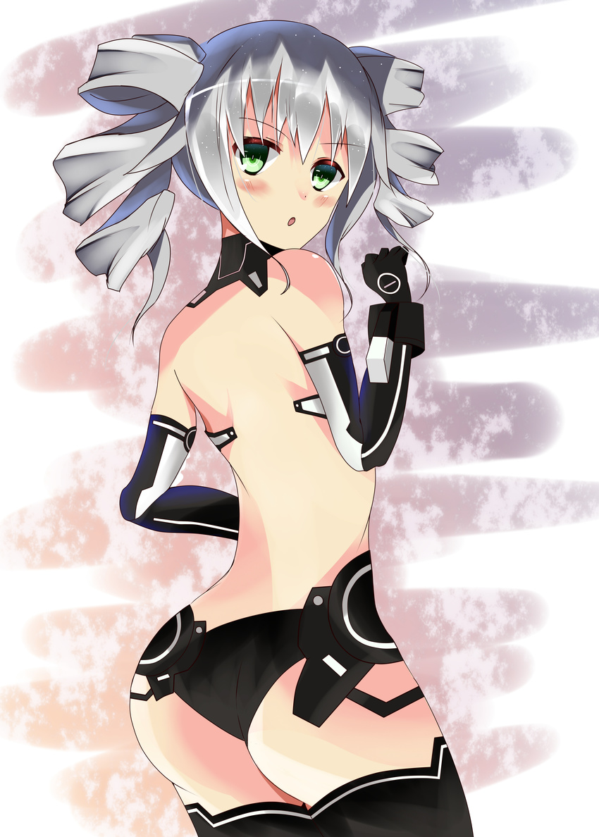 1girl absurdres artist_request ass bare_shoulders black_sister blush choujigen_game_neptune choujigen_game_neptune_mk2 compile_heart drill_hair from_behind green_eyes highres idea_factory looking_back mikususannda neptune_(series) open_mouth silver_hair solo symbol-shaped_pupils twin_drills uni_(choujigen_game_neptune)