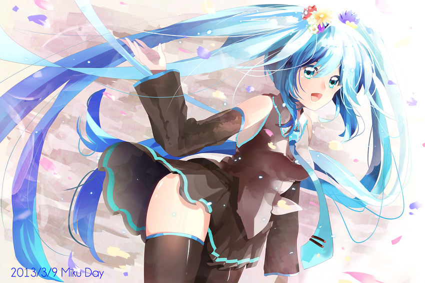 39 2013 aqua_eyes aqua_hair bad_id bad_pixiv_id character_name dated detached_sleeves flower fujishiro_kokoa hair_flower hair_ornament hatsune_miku highres long_hair necktie open_mouth skirt solo thighhighs twintails very_long_hair vocaloid