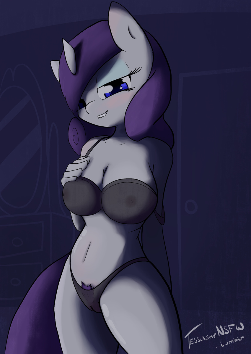 anthro anthrofied blue_eyes camel_toe cleavage clothed clothing english_text equine female friendship_is_magic fur hair horn horse inside looking_at_viewer mammal my_little_pony pony pubes purple_hair rarity_(mlp) solo tesslashy text translucent transparent_clothing unicorn white_fur