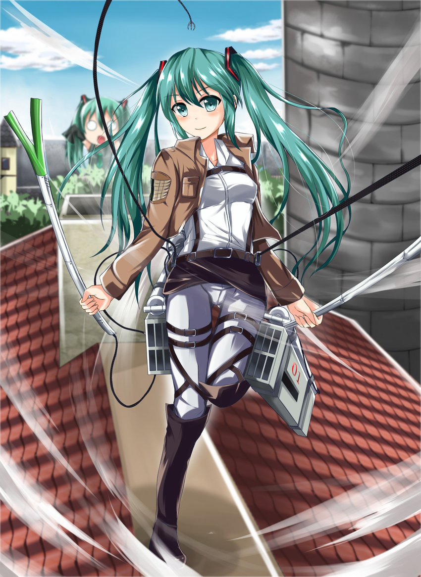 absurdres bad_id bad_pixiv_id belt boots crossover detached_sleeves emblem giantess green_eyes green_hair hatsune_miku highres jacket knee_boots konka long_hair open_mouth paradis_military_uniform parody rooftop shingeki_no_kyojin solo spring_onion thigh_strap three-dimensional_maneuver_gear twintails vocaloid