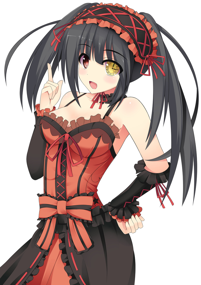 :d absurdres bare_shoulders black_hair breasts cleavage clock_eyes collarbone date_a_live detached_collar detached_sleeves dress hairband heterochromia highres index_finger_raised lolita_fashion lolita_hairband looking_at_viewer medium_breasts open_mouth red_eyes sai_seki simple_background smile symbol-shaped_pupils tokisaki_kurumi twintails white_background yellow_eyes