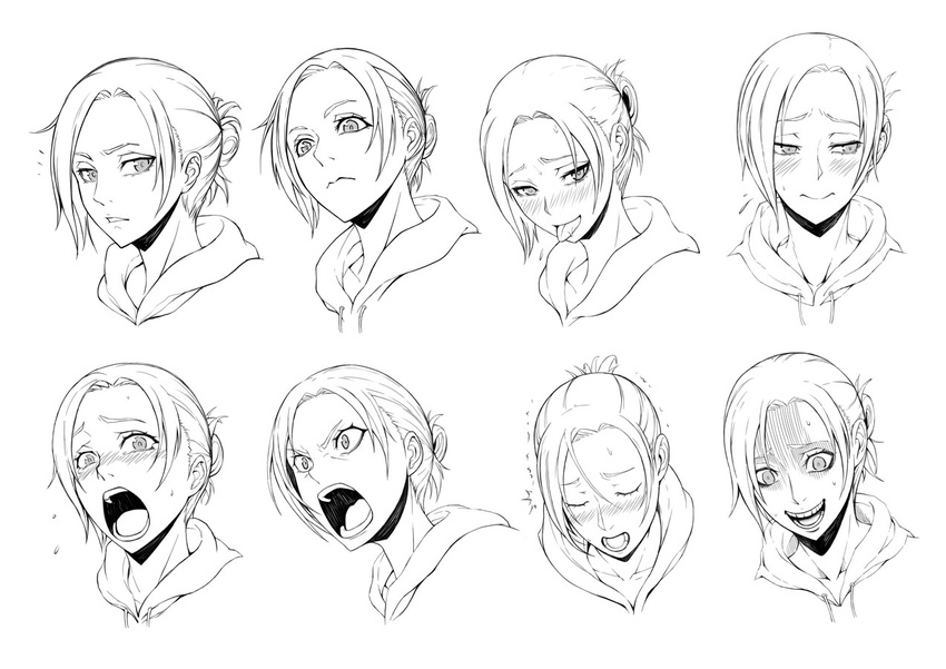 :p annie_leonhardt blue_eyes blush closed_eyes expressions greyscale leaf98k lineart monochrome open_mouth pale_skin parted_lips shingeki_no_kyojin smile sweat tongue tongue_out turn_pale
