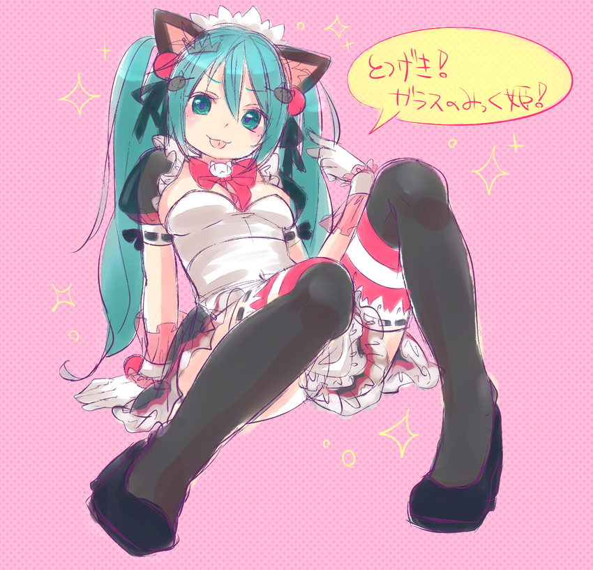 :p animal_ears arm_support bow bowtie cat_ears gloves green_eyes green_hair hatsune_miku hekopon highres long_hair polka_dot polka_dot_background sitting skirt solo thighhighs tongue tongue_out twintails vocaloid