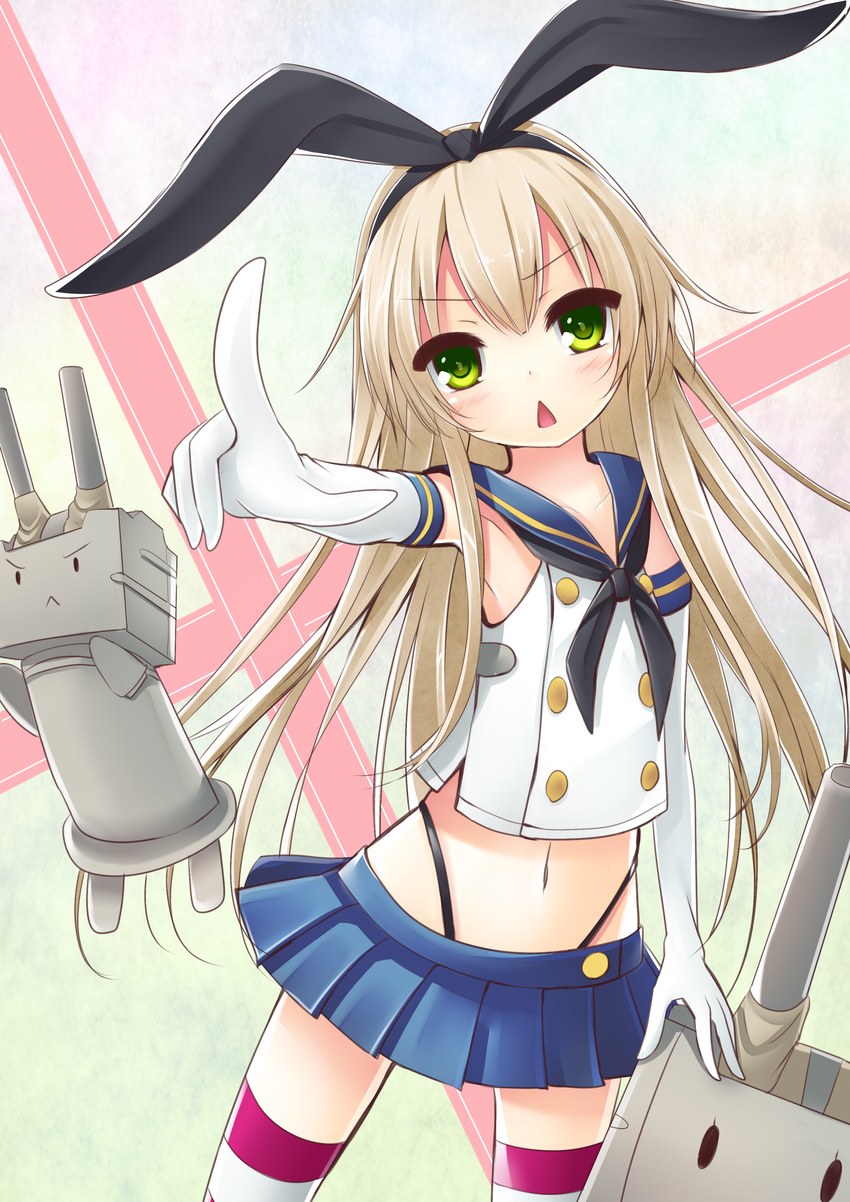 :&lt; absurdres black_panties blonde_hair closed_mouth elbow_gloves gloves highres kantai_collection long_hair midriff navel panties rensouhou-chan shimakaze_(kantai_collection) solo striped striped_legwear tanakahazime thighhighs triangle_mouth underwear v-shaped_eyebrows