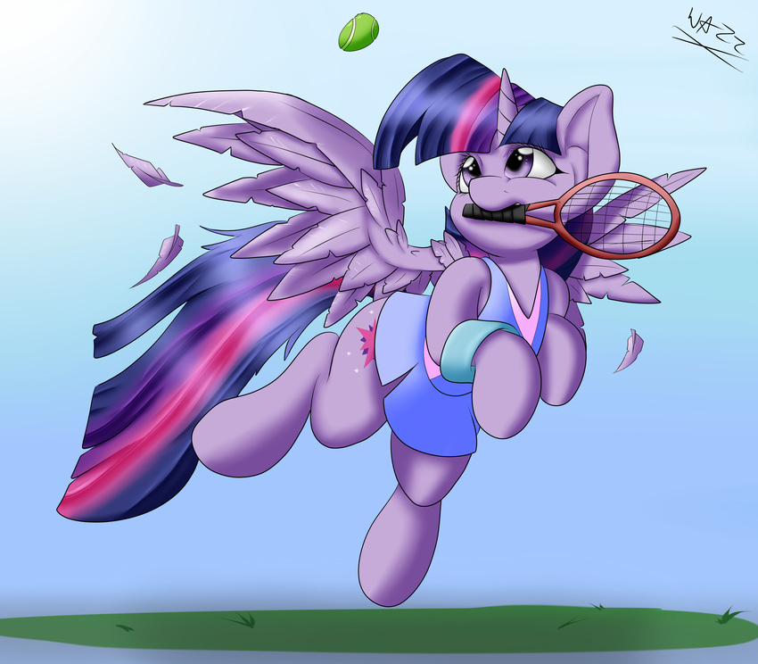 absurd_res ball clothing cutie_mark equine feather female feral friendship_is_magic grass hair hi_res horn horse mammal multi-colored_hair my_little_pony outside pony purple_eyes racket skirt sky solo sweatband tennis tennis_ball tennis_racket the-wazz twilight_sparkle_(mlp) winged_unicorn wings