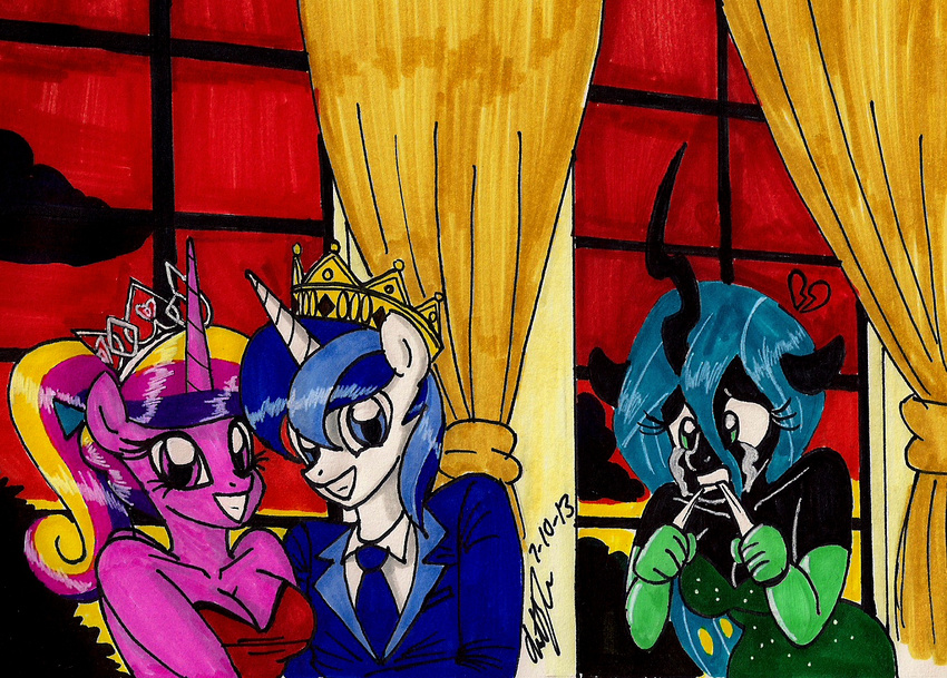 &lt;/3 anthro anthrofied blue_eyes blue_hair breasts changeling cleavage clothed clothing crown crying curtains dress elbow_gloves equine female friendship_is_magic gloves green_eyes green_hair hair holes horn horse looking_at_viewer male mammal multi-colored_hair my_little_pony necktie newyorkx3 pony princess_cadance_(mlp) prom purple_eyes queen_chrysalis_(mlp) shining_armor_(mlp) smile suit sunset tears two_tone_hair unicorn upset window winged_unicorn wings