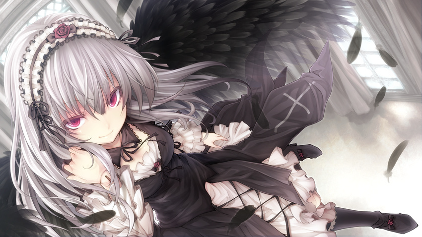black_wings blush doll_joints dress feathers gothic_lolita hairband highres lolita_fashion lolita_hairband long_hair looking_at_viewer red_eyes rozen_maiden silver_hair smile solo suigintou tousen wings