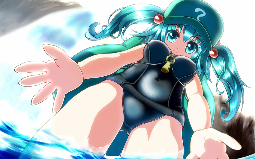 backpack bag blue_eyes blue_hair breasts hair_bobbles hair_ornament hat highres kawashiro_nitori key looking_down md5_mismatch medium_breasts mountain moura_(kenyuugetu) one-piece_swimsuit river school_swimsuit short_hair smile solo swimsuit touhou two_side_up water waterfall