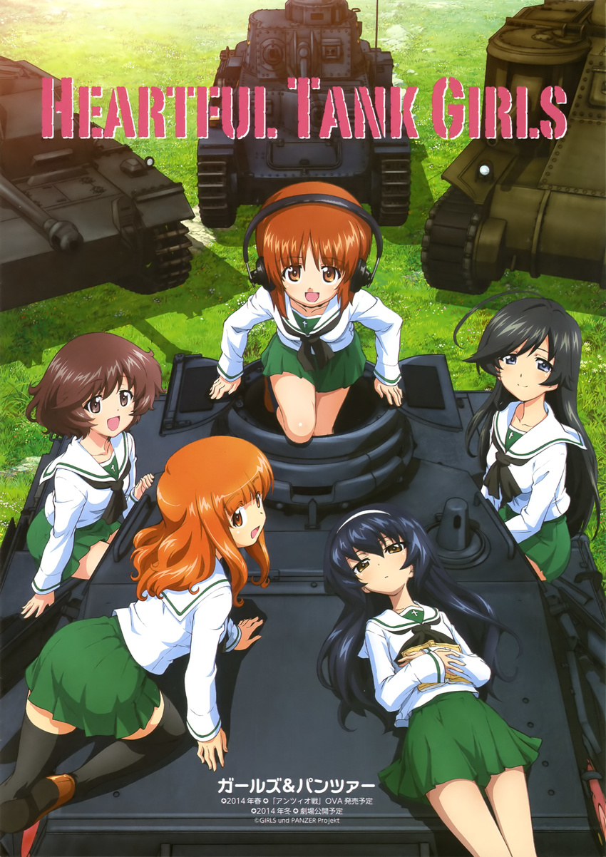 absurdres akiyama_yukari artist_request black_hair caterpillar_tracks girls_und_panzer ground_vehicle hairband hat headphones highres isuzu_hana long_hair m3_lee medium_tank military military_vehicle motor_vehicle multiple_girls nishizumi_miho official_art on_vehicle ooarai_school_uniform panzerkampfwagen_iv reizei_mako school_uniform serafuku short_hair sturmgeschutz_iii takebe_saori tank type_89_i-gou