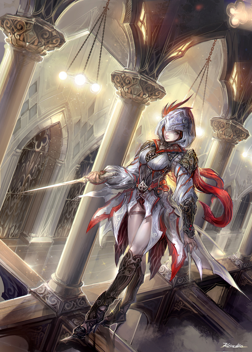 armor assassin dagger grey_eyes hidden_blade highres hood kazeco original red_hair solo thighhighs weapon