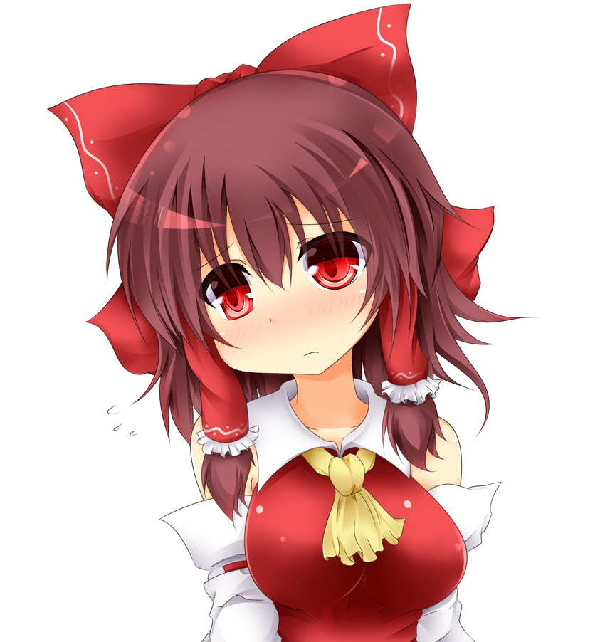 ascot blush bow breasts brown_hair detached_sleeves frown hair_bow hair_tubes hakurei_reimu highres large_breasts long_hair md5_mismatch red_eyes ribbon solo touhou transparent_background us2s