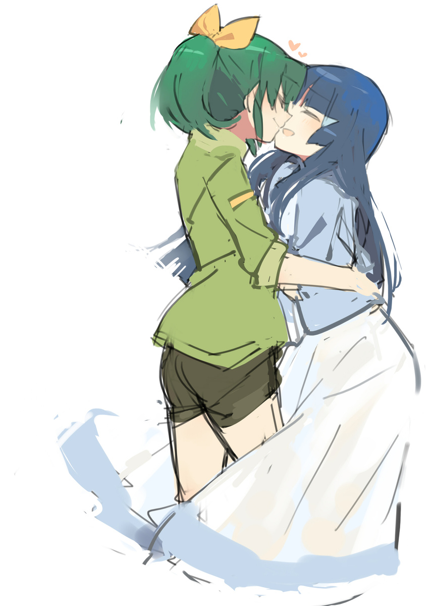 :d aoki_reika blue_hair blush closed_eyes couple dancing green_hair green_shirt happy highres hug imminent_kiss midorikawa_nao multiple_girls open_mouth ponytail precure shirt simple_background sketch smile smile_precure! white_background yomosaka yuri