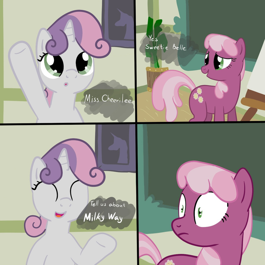 cheerilee_(mlp) comic cub cutie_mark dialog duo english_text equine eyes female feral friendship_is_magic fur green_eyes hair horn horse hudoyjnik inside mammal my_little_pony pony purple_fur standing sweetie_belle_(mlp) text two_tone_hair uincorn unicorn white_fur young