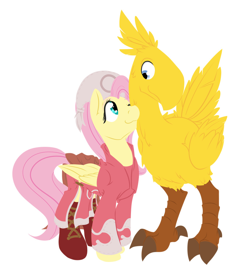 alpha_channel ambiguous_gender blue_eyes boots chocobo clothing duo equine female feral fluttershy_(mlp) friendship_is_magic geomancing hair horse mammal my_little_pony pegasus pink_hair plain_background pony transparent_background wings